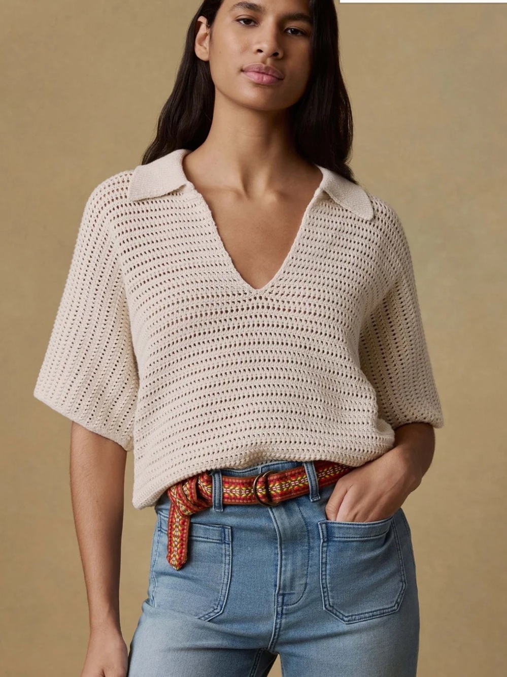 Faherty Seacoast Open-Knit V-Neck Polo Sweater in Cream- 💯 Cotton